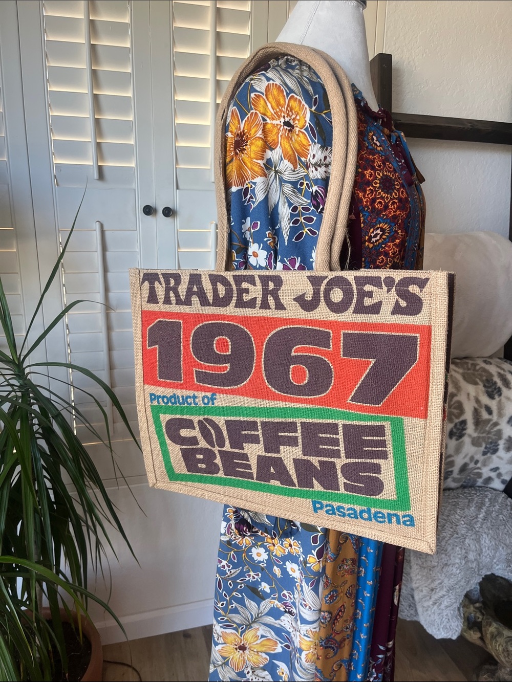 Trader Joe's 1967 Coffee Beans Jute Tote - Bold Red & Green Graphic